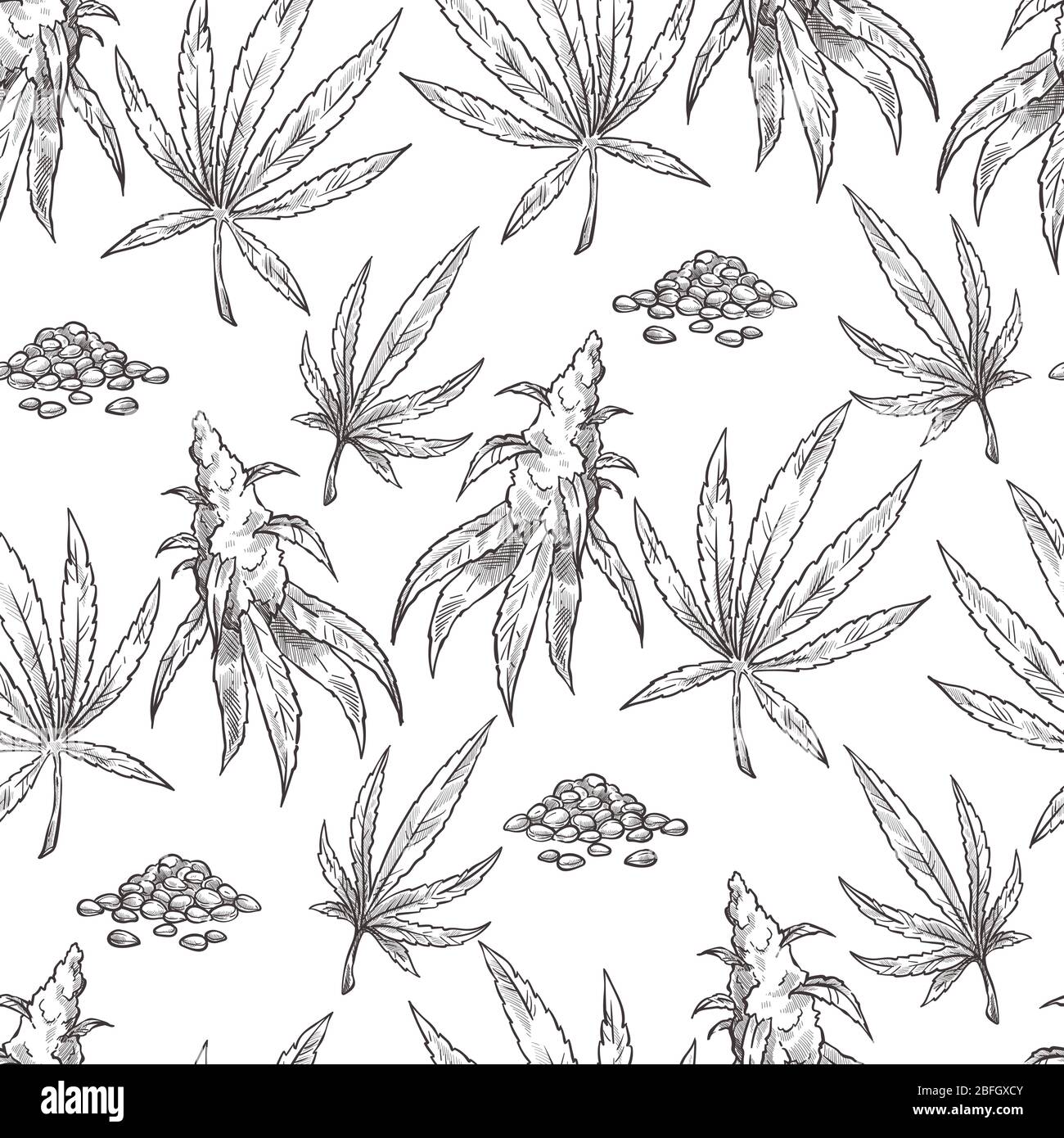 Cannabis plant with foliage, leaves of marijuana seamless pattern Stock Vector