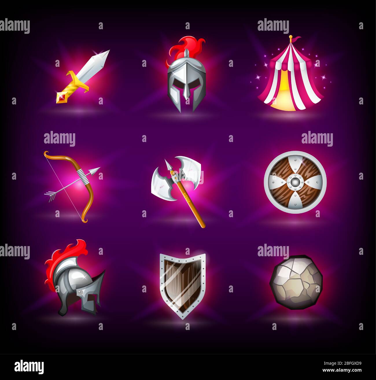 Medieval icons set, knight helmet, roman empire, legionnaires, tent, shield and weapons Stock Vector