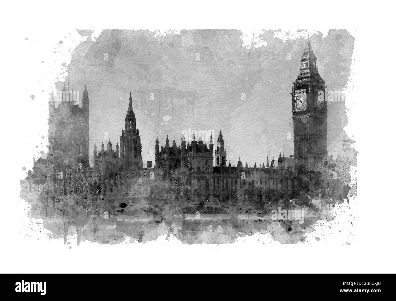 Big Ben and in Westminster in London, Imitation of watercolor picture Stock Photo