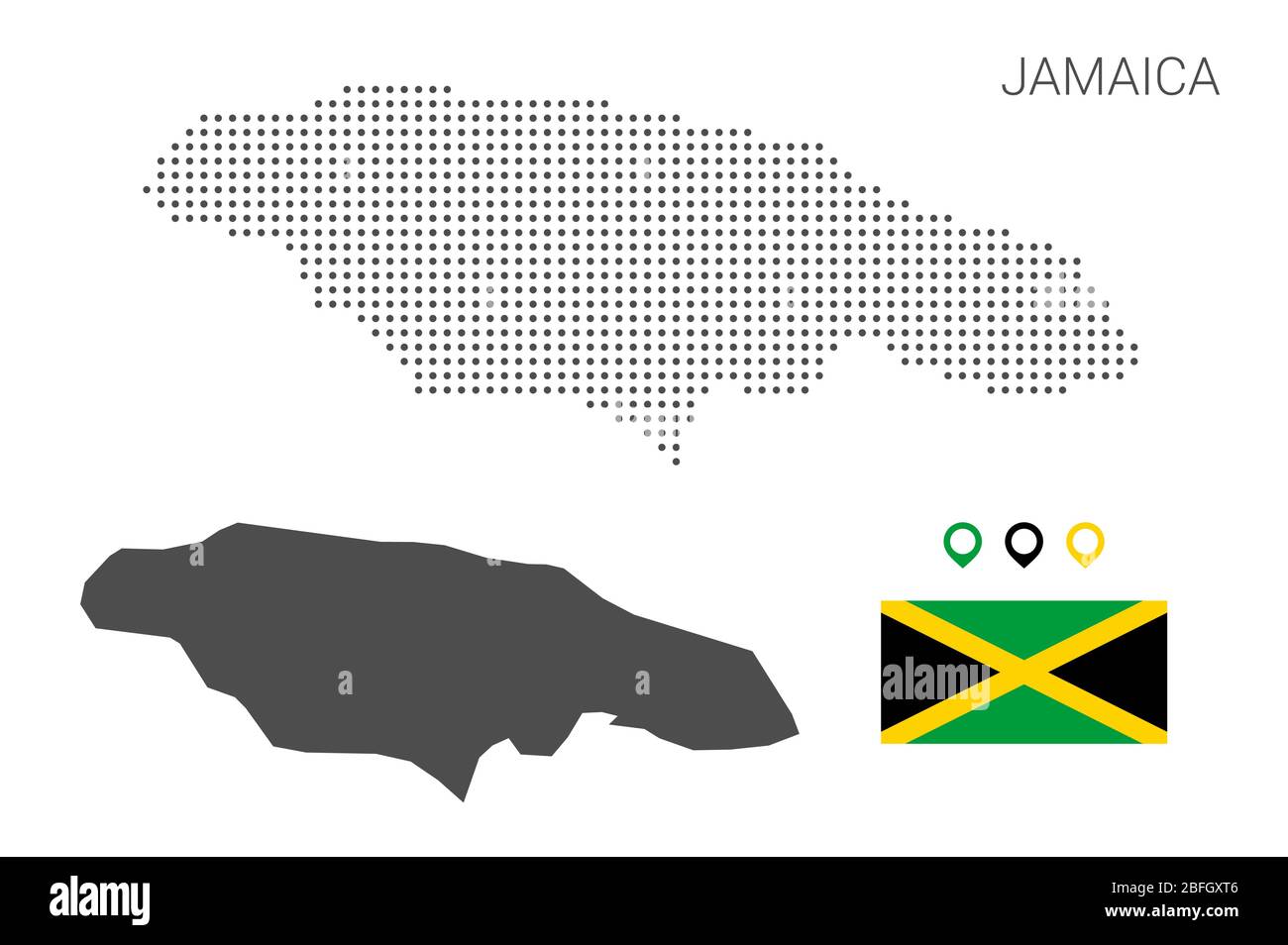 Dotted jamaica map with national flag and map marker. Illustration for technology design or infographics. Isolated on white background. Stock Vector