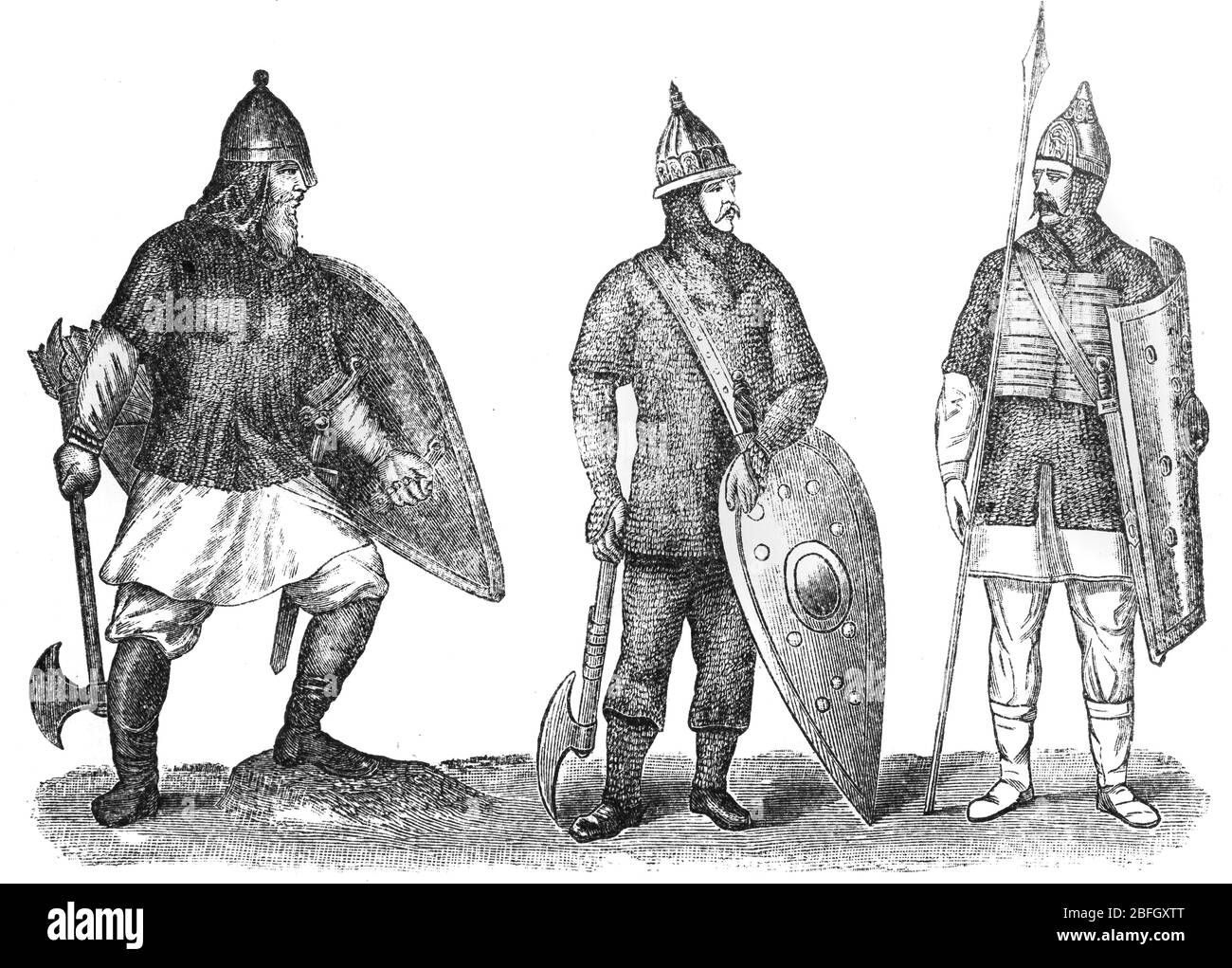 Russian warriors, 11th century, illustration from book dated 1916 Stock Photo