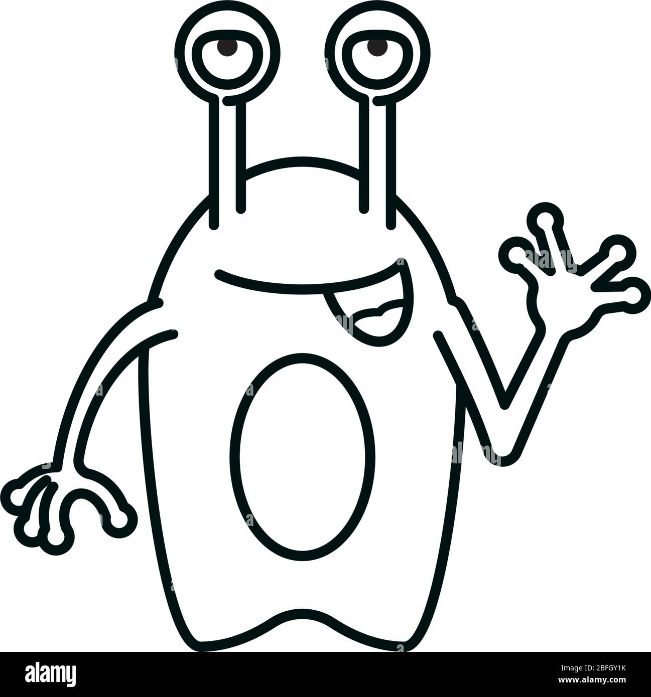 Friendly waving alien cartoon character vector line icon for Alien Day