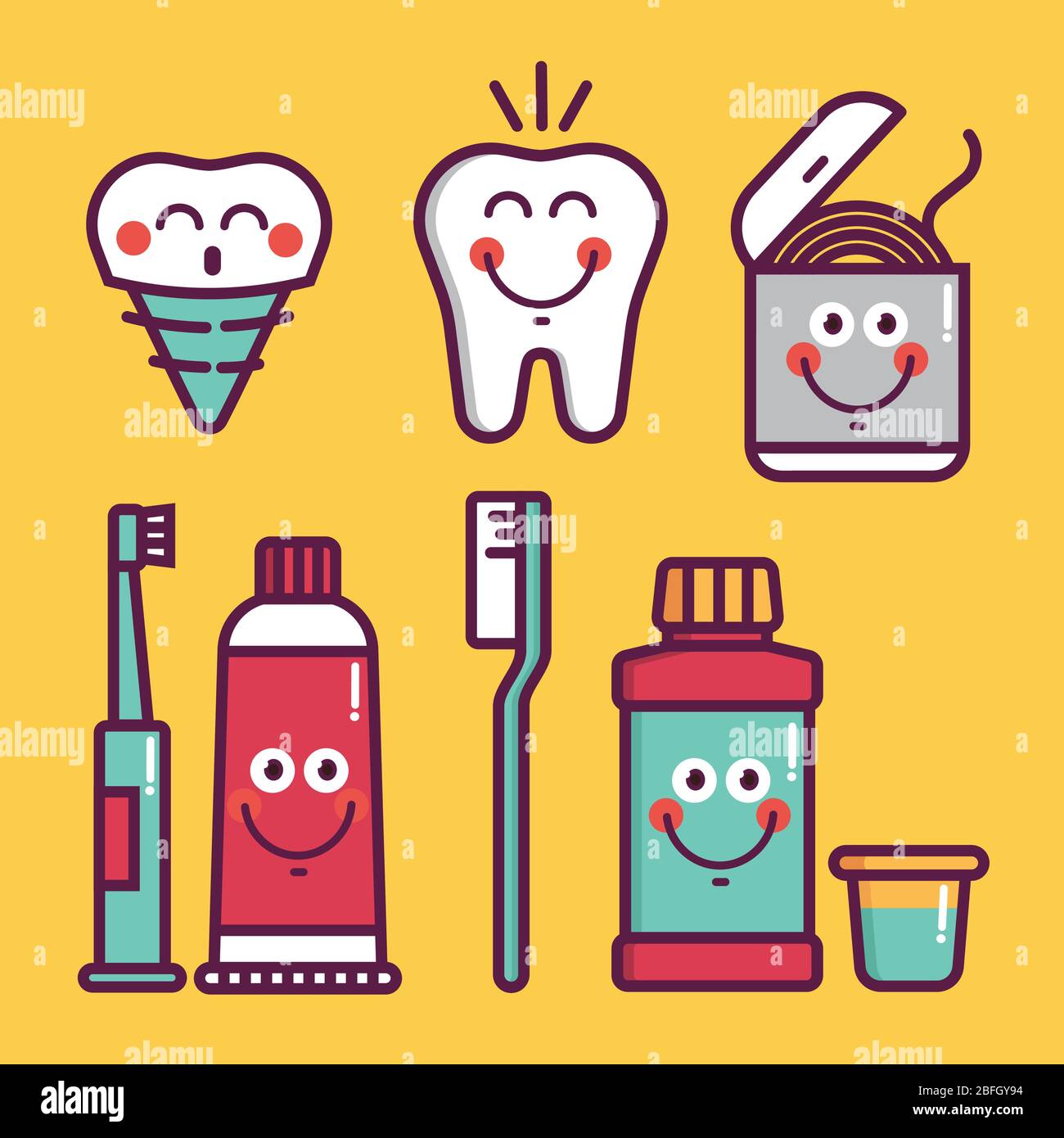 Dental hygiene for child - icons brushes, teeth, toothpaste, lotion, floss,  water, denture implant Stock Vector Image & Art - Alamy