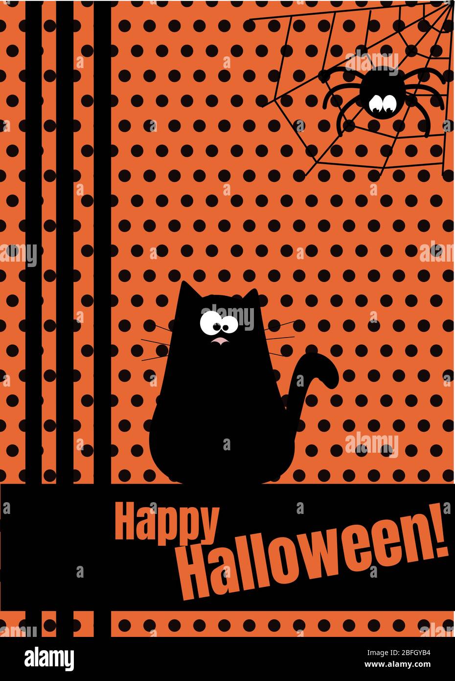 Happy Halloween greeting card with hanging on dash line web spider ...