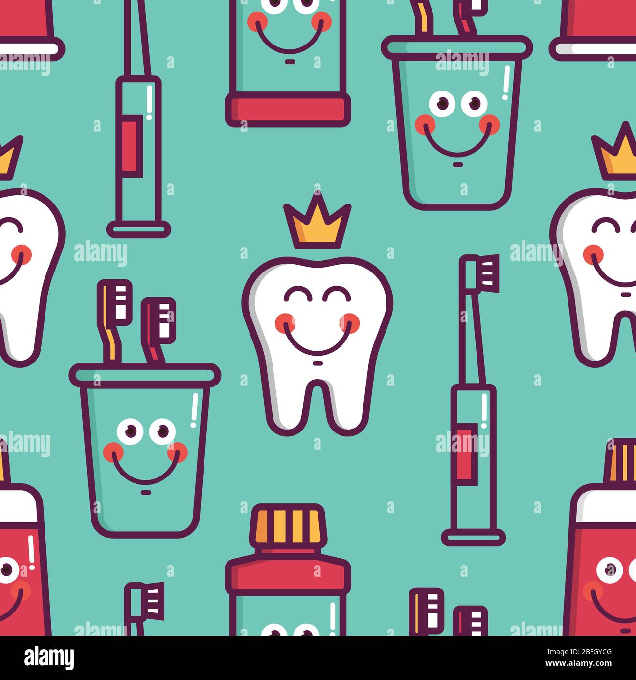 Seamless pattern with dental elements teeth, crown, floss, toothpaste, brush, lotion Stock Vector
