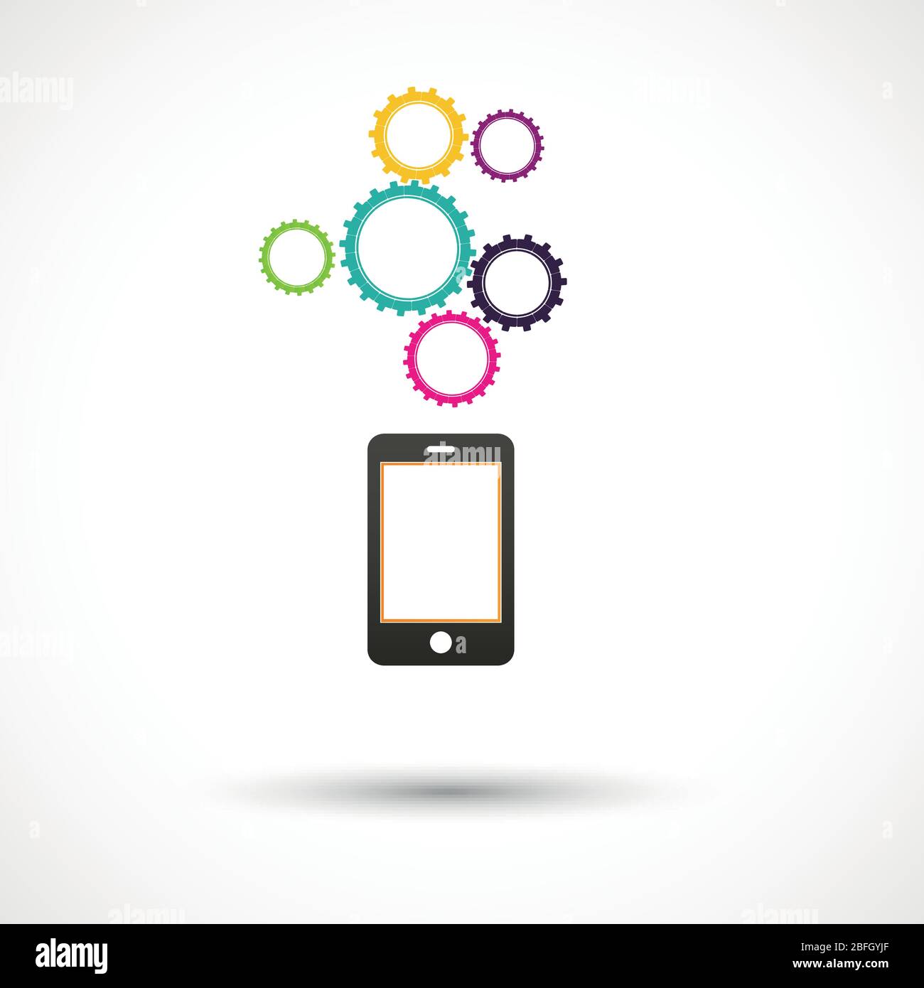 Vector black smartphone abstract colored gears white background. Stock Vector