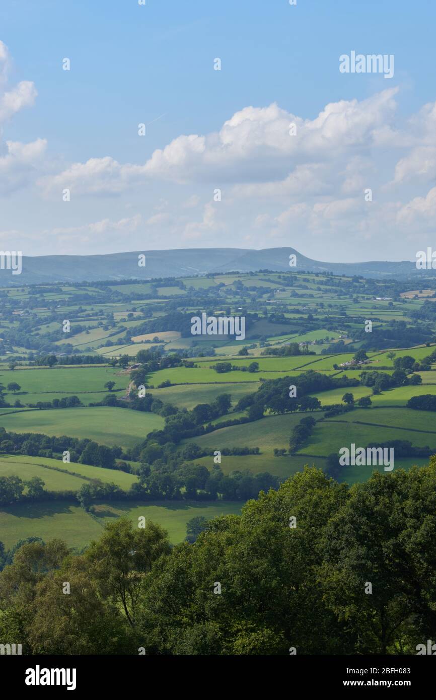 Rolling hills over Herefordshire countryside under cloudy sky towards Hay Bluff Stock Photo