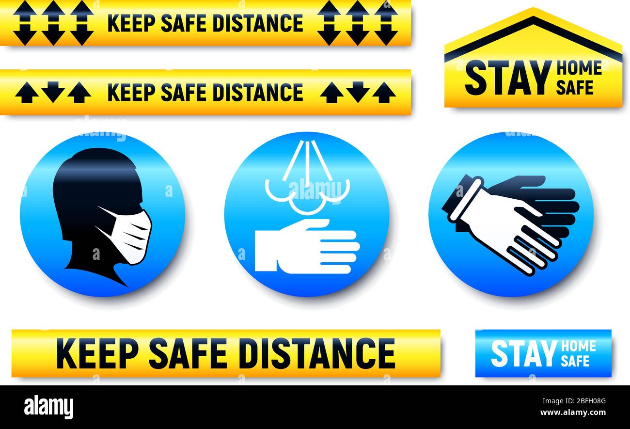 Keep Distance and Stay Home stickers and markers set for shop or supermarket during epidemic quarantine of coronavirus COVID-19 Stock Vector