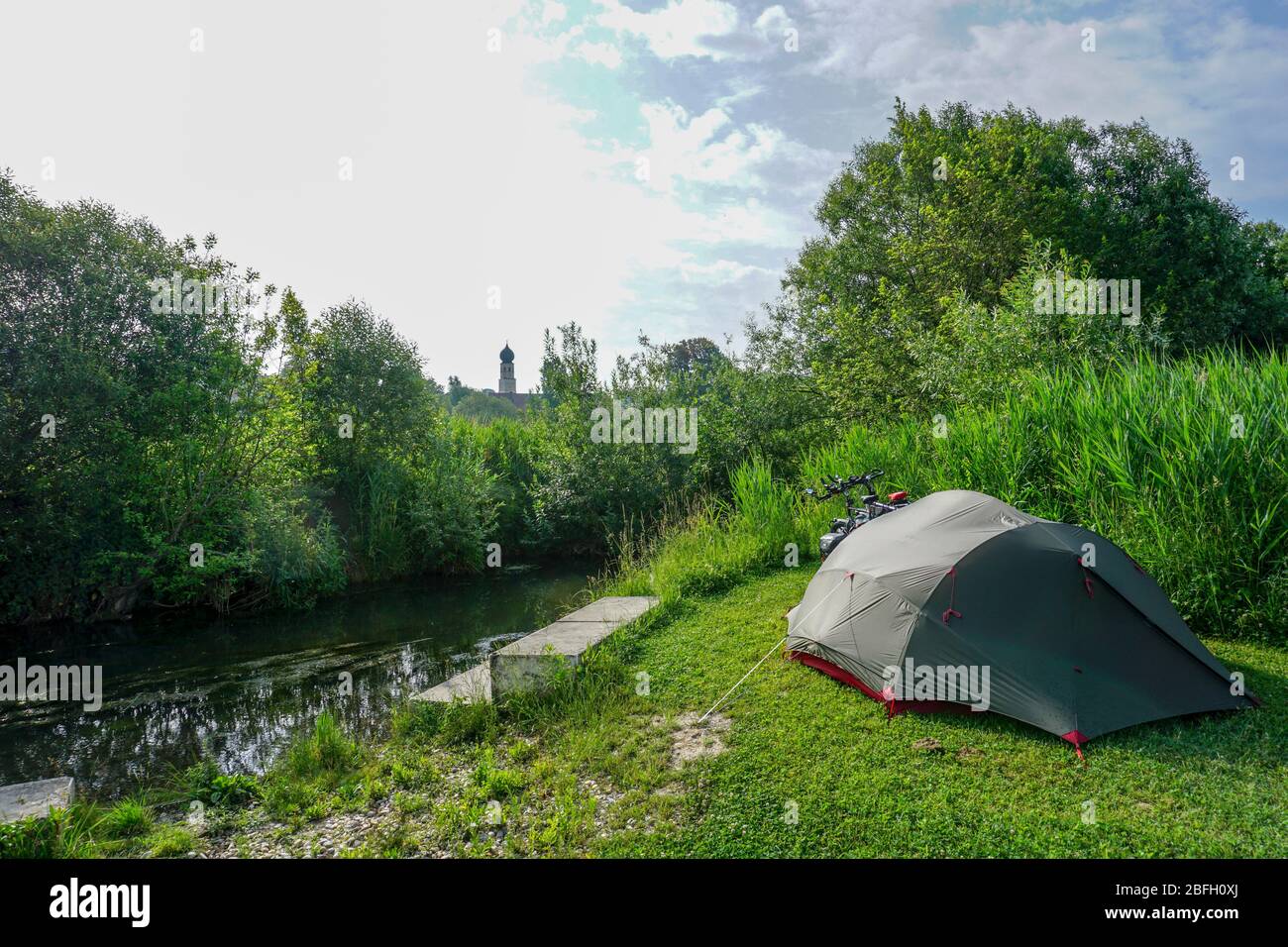 Camping Tent by Lake Stock Photo