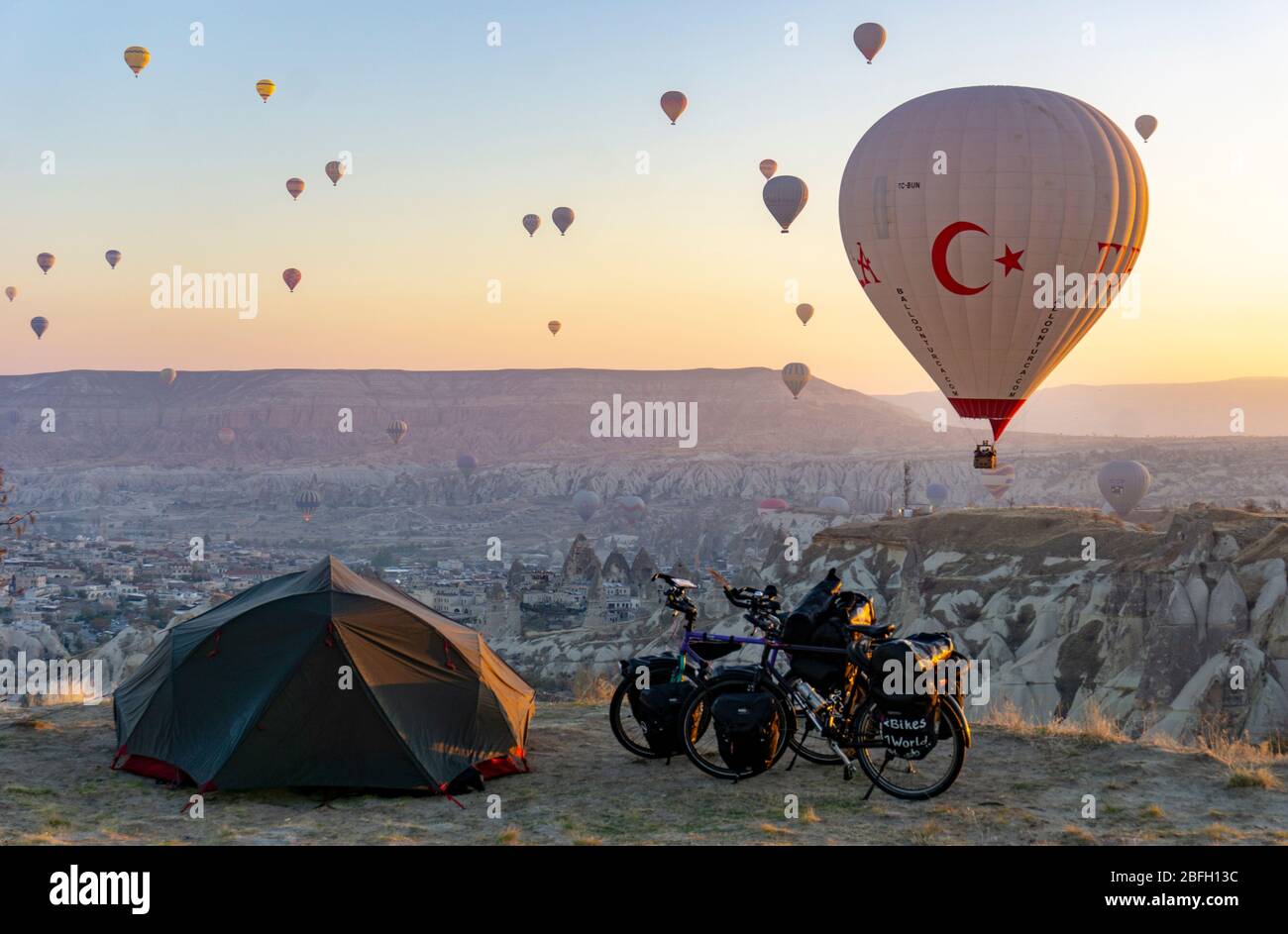 Camping in Cappadocia and great balloon views during bicycle world trip Stock Photo