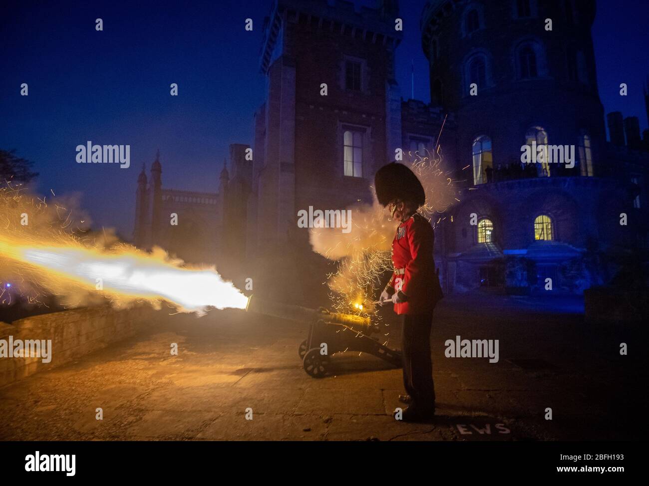 Cannons are fired from Belvoir Castle in Leicestershire to acknowledge the work being done by NHS workers, carers and key workers to fight the coronavirus pandemic. Stock Photo