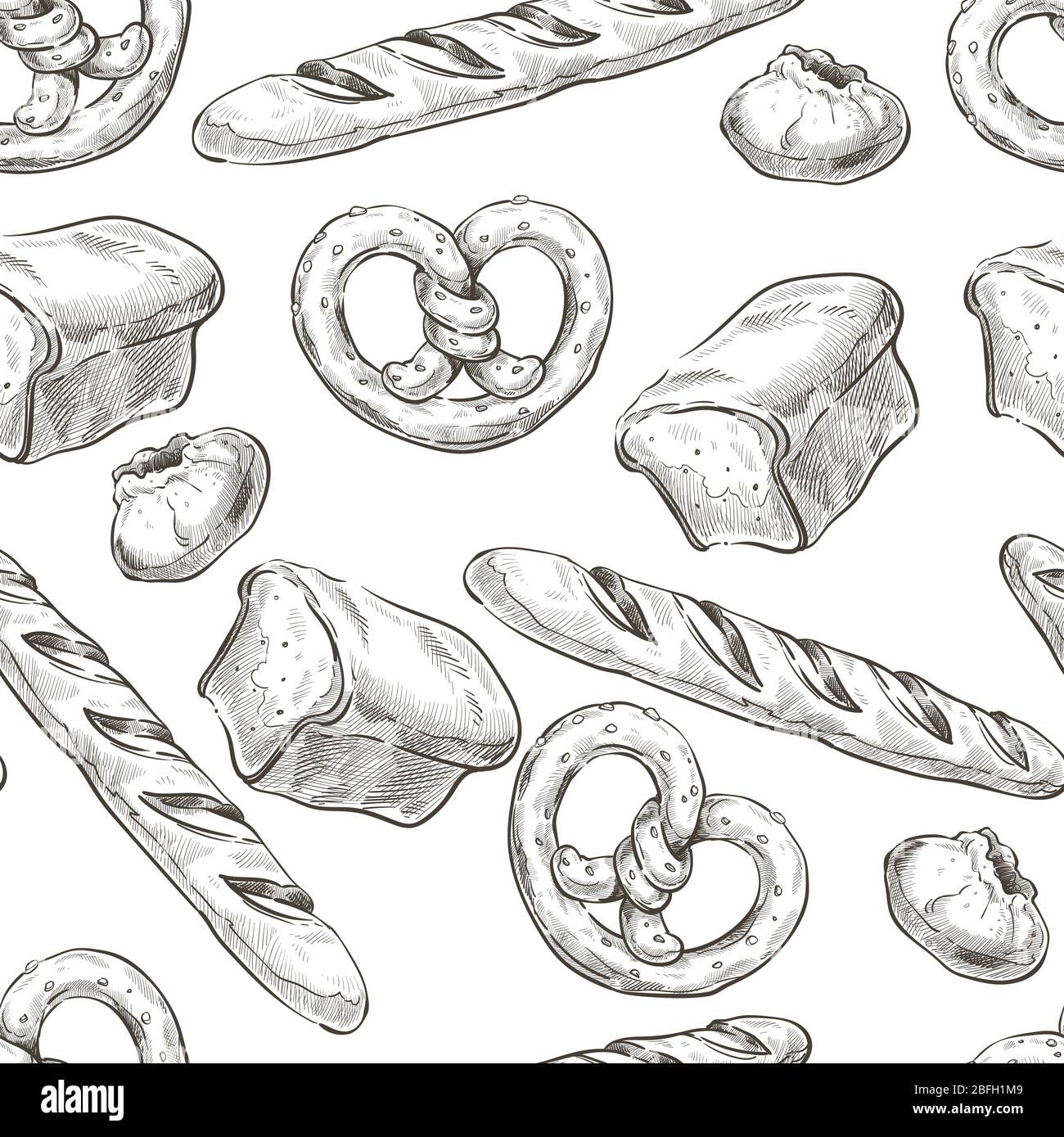 Bakery shop assortment, pretzels and bread seamless pattern Stock Vector