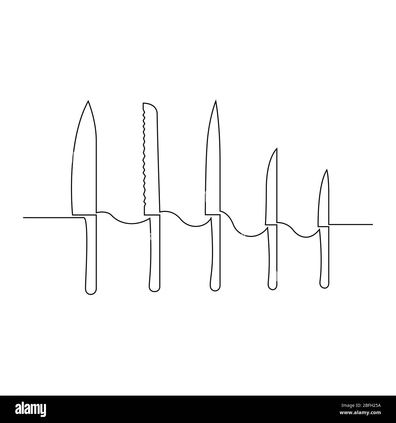 Continuous one line set of different knives. Bread knife, for shredding