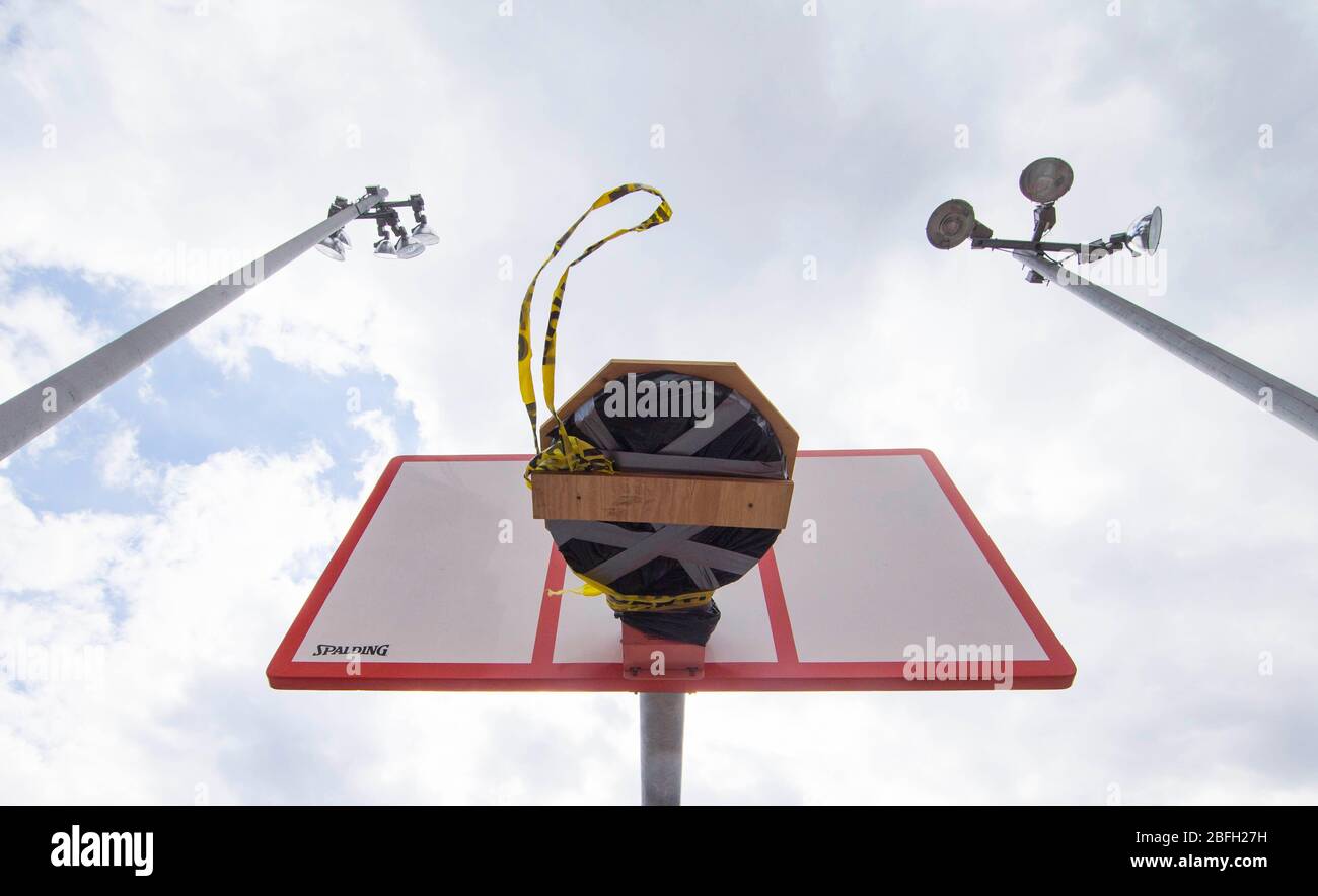 Toronto, Canada. 18th Apr, 2020. A basketball backboard with a wood