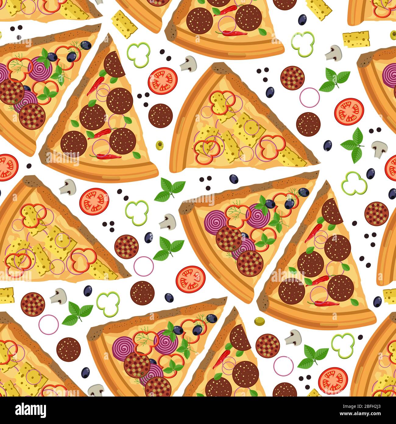 Pizza slices with salami and vegetables seamless pattern Stock Vector