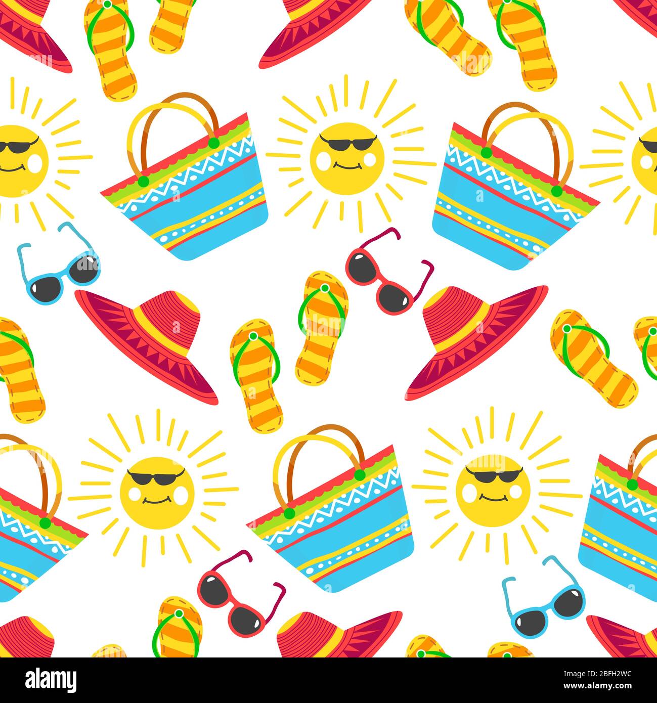 Summer vacation seamless pattern, accessories and sunshine vector Stock Vector