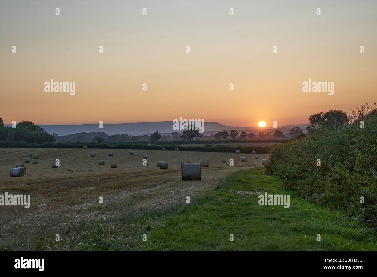 Cut wheat field in Herefordshire countryside with bails towards Hay Fluff at sunset Stock Photo