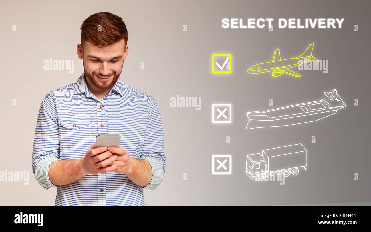 Collage With Words SELECT DELIVERY And Young Man Holding Mobile Phone 