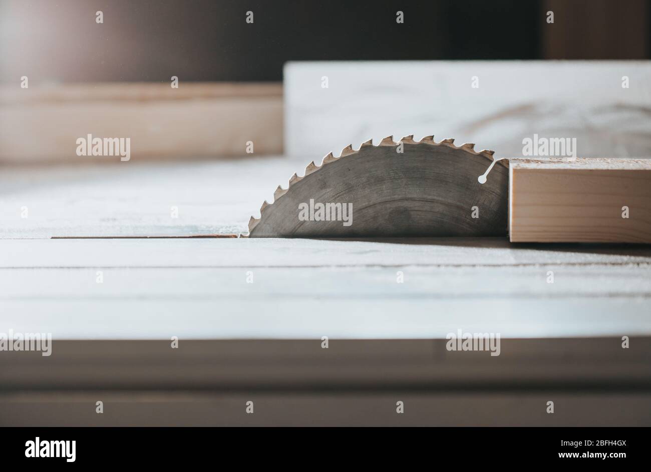 Close up of saw in joinery, wood carving, cutting wood, industrial