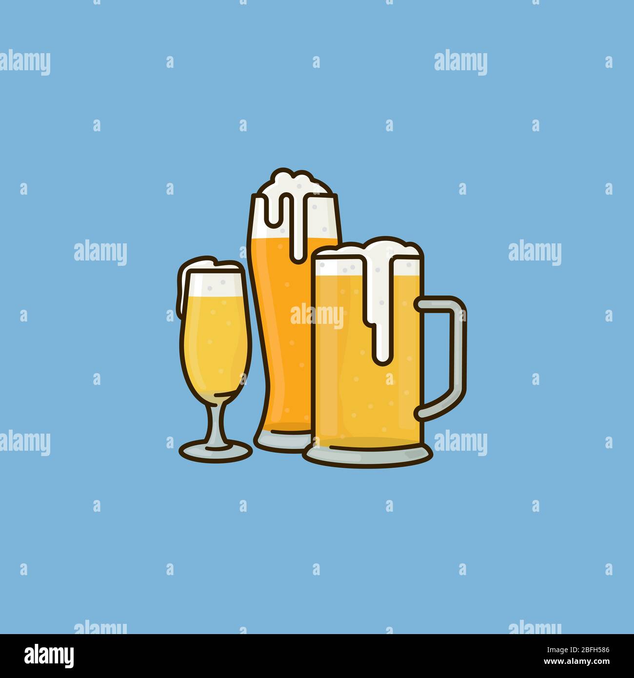 Variety of beer glasses vector illustration for German Beer Day on April 23rd. Traditionally brewed alcoholic beverages symbol. Stock Vector
