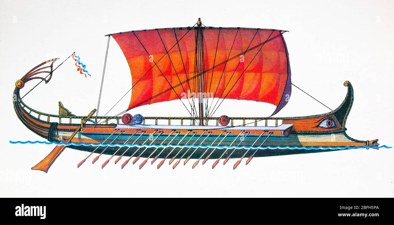 Ancient Greek bireme, sailing warship Stock Photo