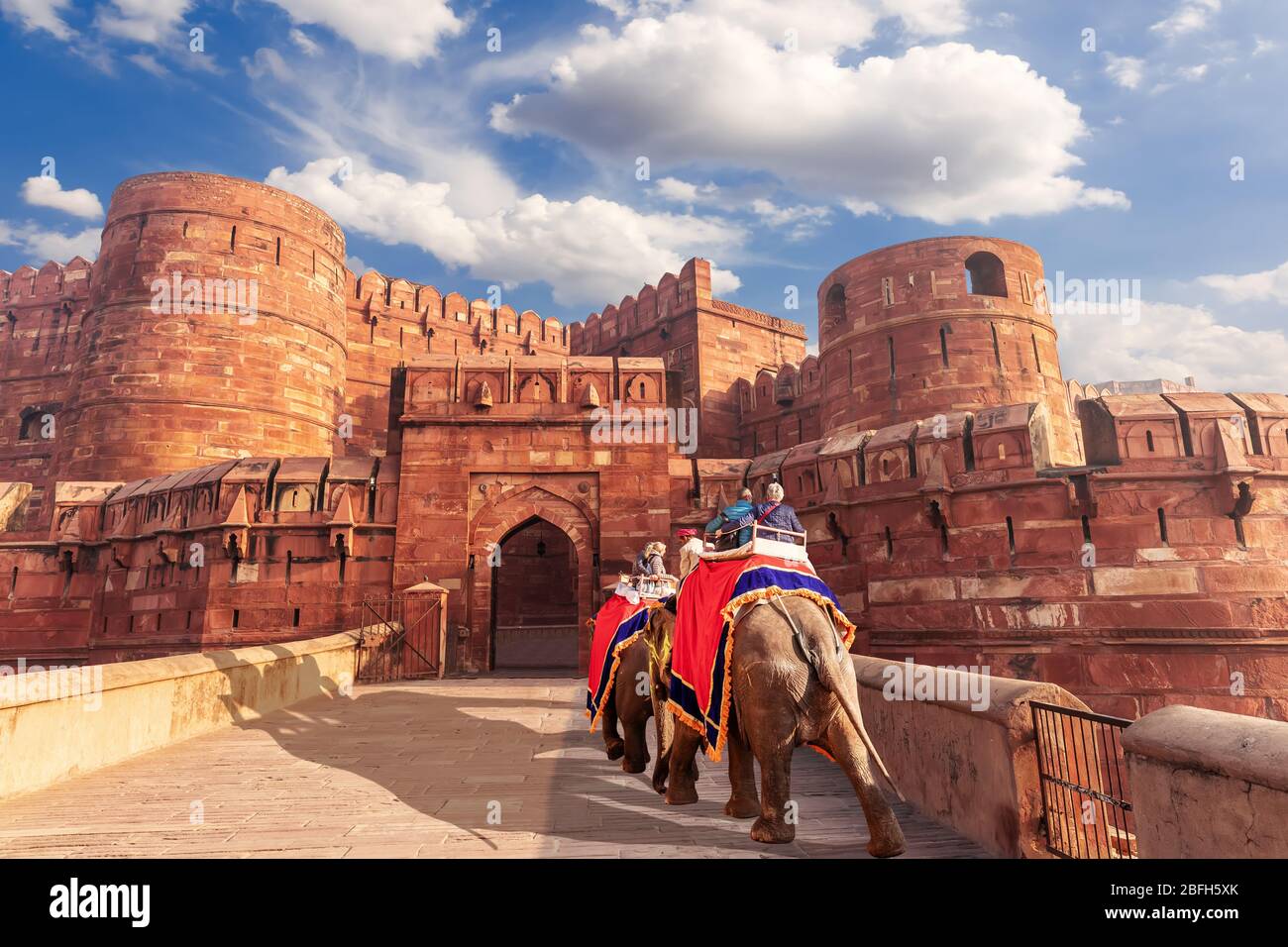Agra Fort and elephants, view of India Stock Photo
