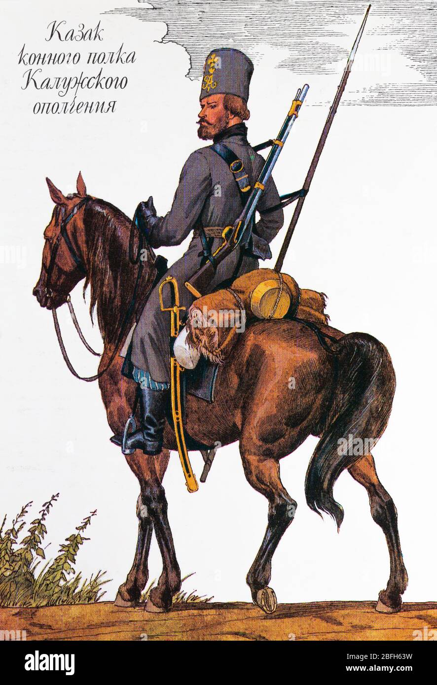 Kaluga cavalry regiment cossack, 1812, 19th century Russian army uniform, Russia Stock Photo