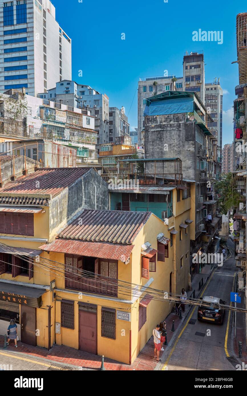 Elevated view of old buildings in historic district. Macau, China. Stock Photo