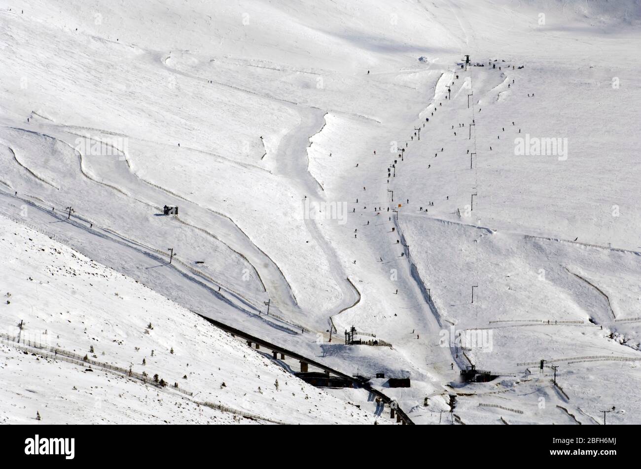 A view from Loch Morlich of the Cairngorm Mountain Ski Centre near Aviemore, Badenoch and Strathspey, Scotland. Stock Photo