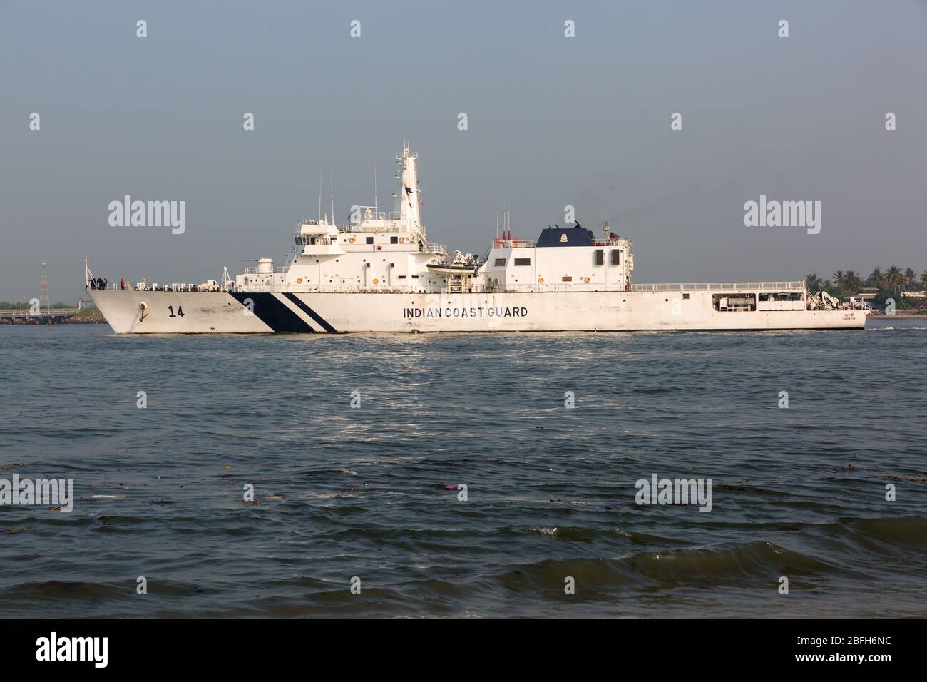 Kochi, Kerala - December 30, 2019: Indian Coastguard Ship in fort kochi, kerala india Stock Photo