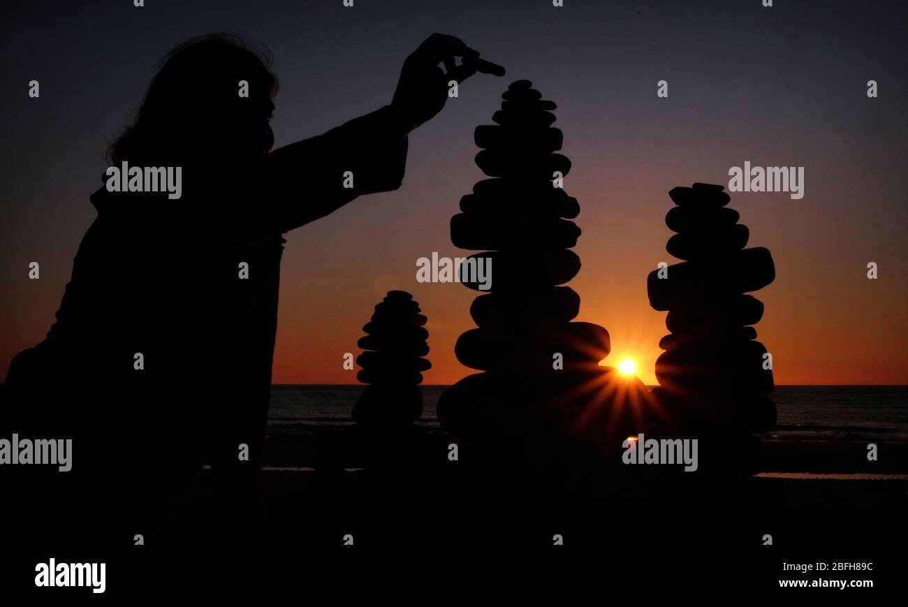 Pebble sculptures in Whitley Bay beach on the North East coast, while