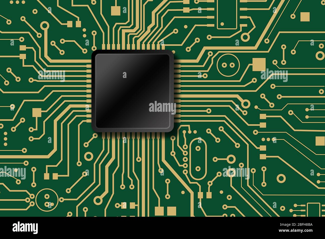 Illustration of motherboard circuit with CPU and electric lines, top view.  Copy space Stock Photo - Alamy