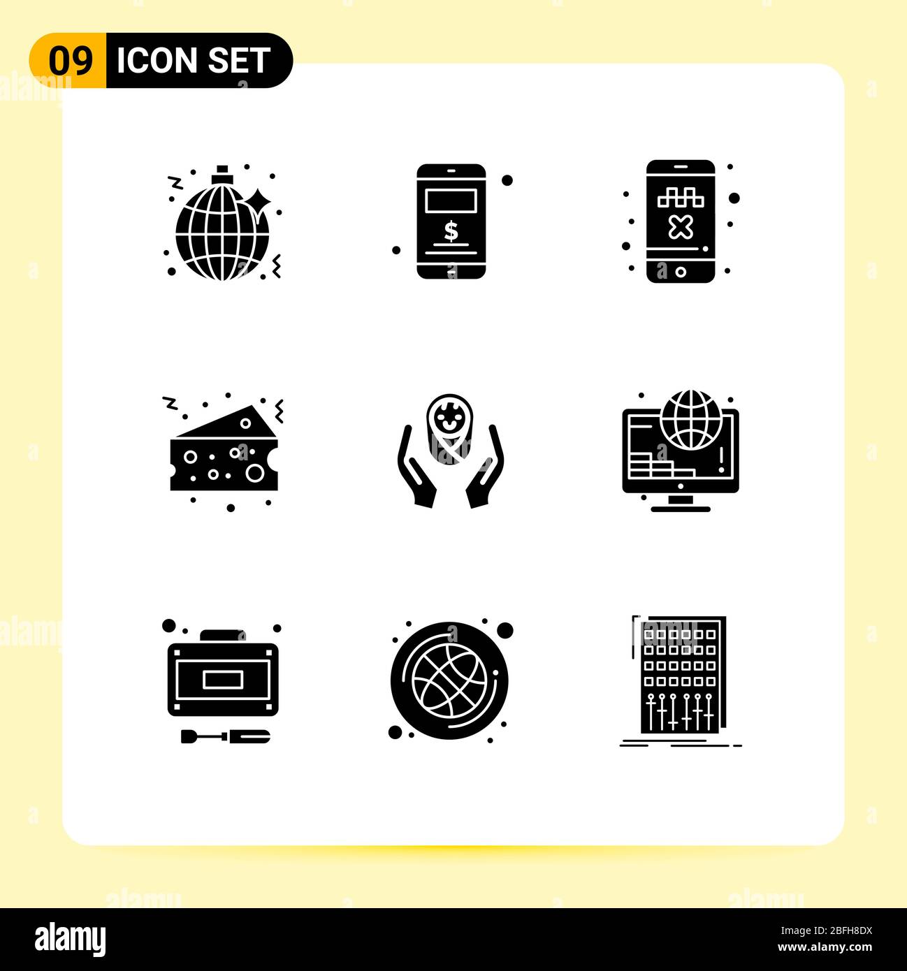 Universal Icon Symbols Group of 9 Modern Solid Glyphs of child care, hands, cancel ride, food, cheese Editable Vector Design Elements Stock Vector
