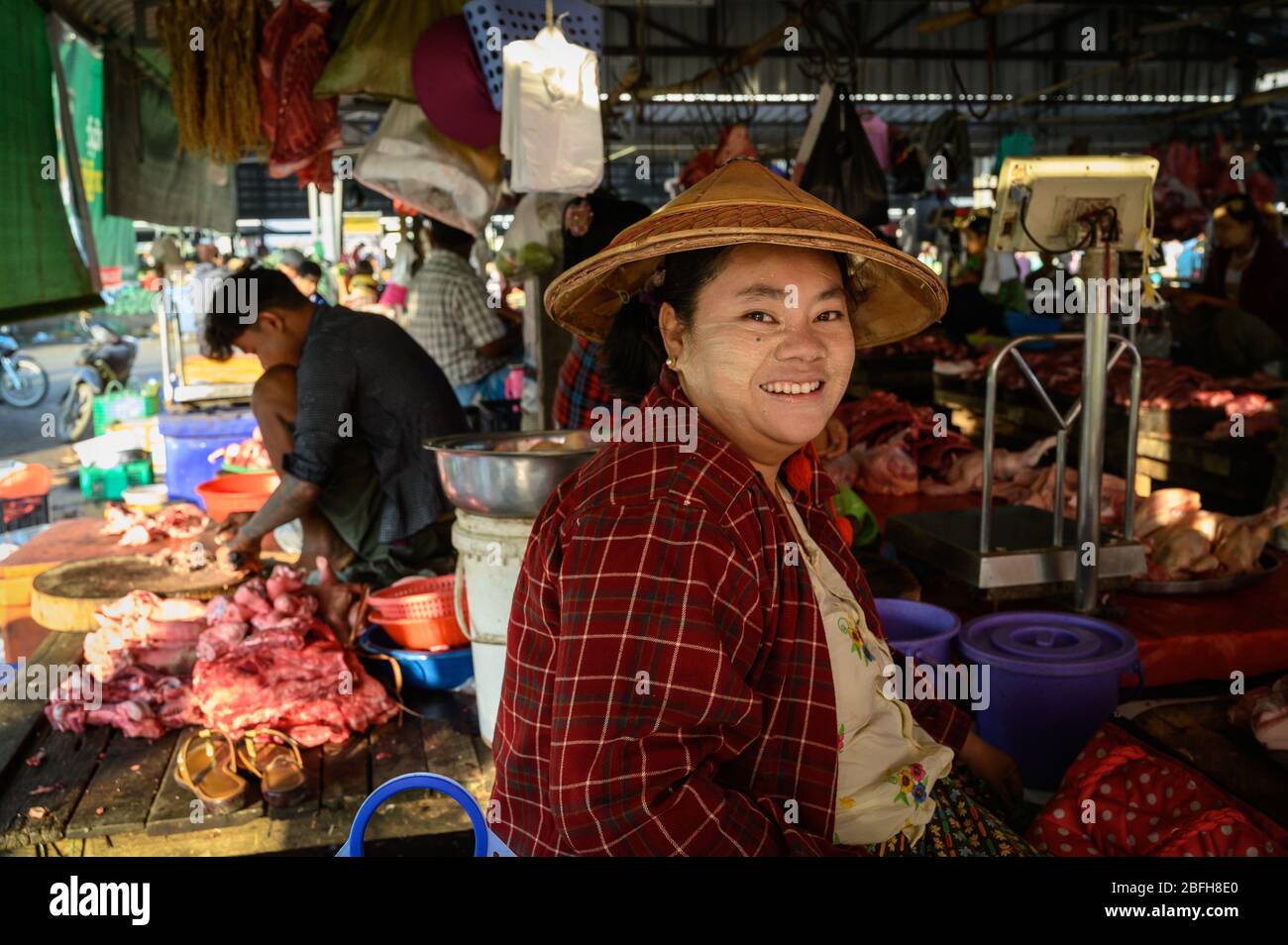 Portrait of a vendor, Danyingdon Market, Yangon, Myanmar Stock Photo