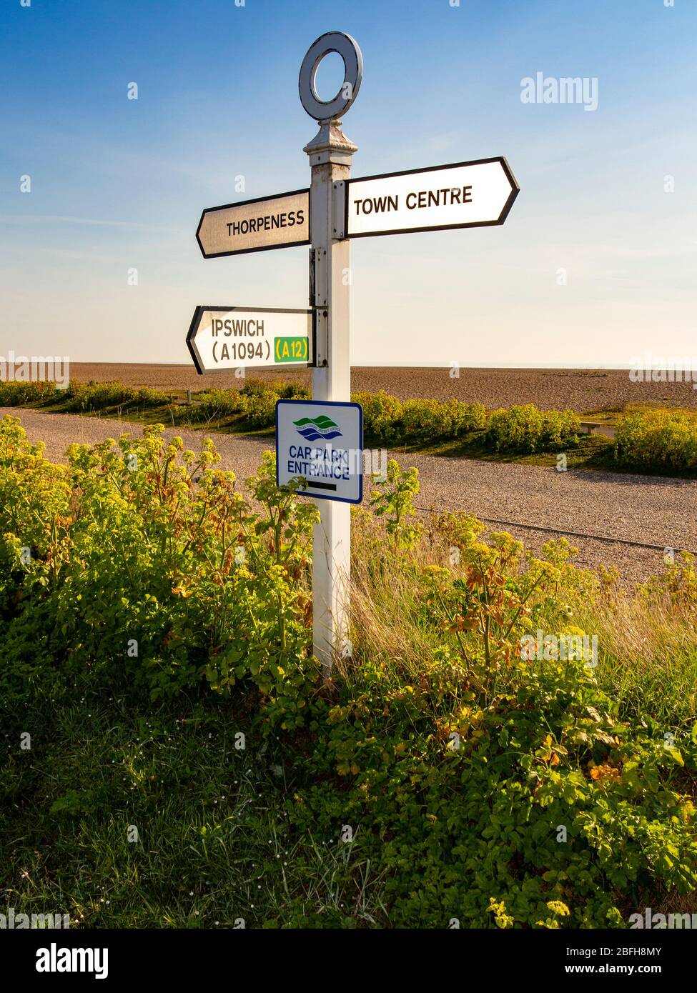 Deserted car park in the seaside town of Aldeburgh, Suffolk, UK due to lock-down during coronavirus pandemic Stock Photo