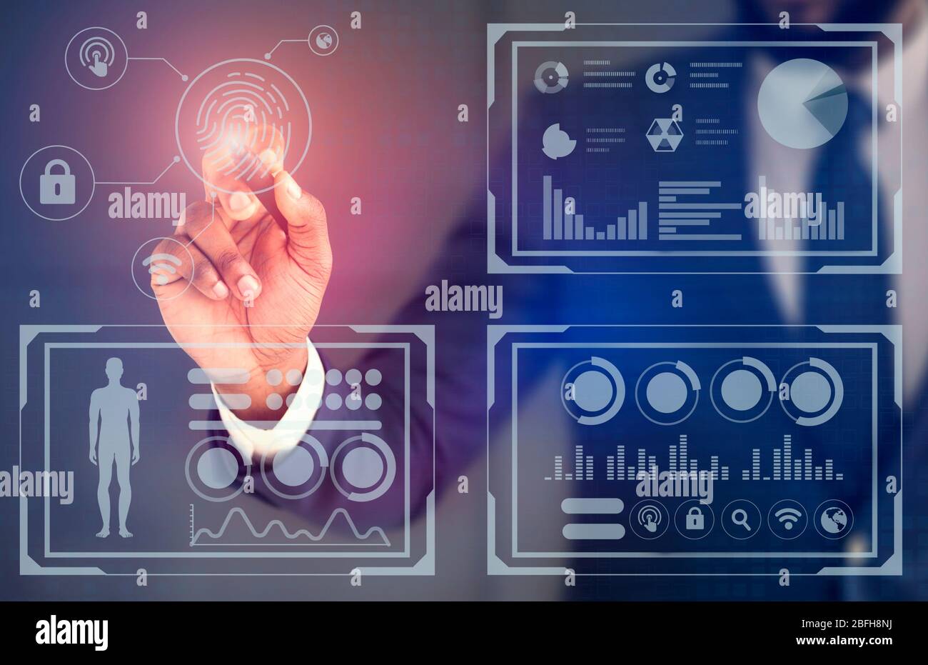 Unrecognizable Businessman Touching Virtual Panel With Stylus For Access, Cropped Stock Photo