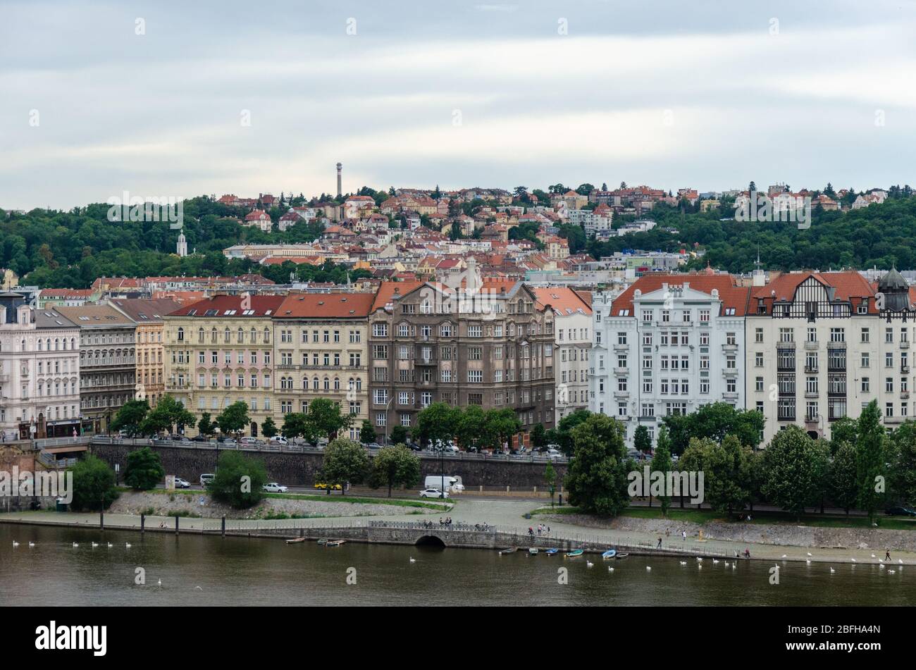 Beautiful view of the surrounding cityscape from the top floor terrace of Dancing House, Prague, Czech Republic Stock Photo