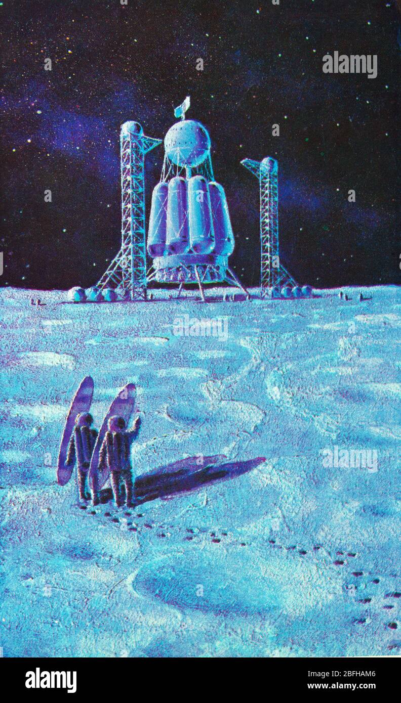 Space exploration, futuristic art  by A.Sokolov, from Soviet postcard, 1970s Stock Photo