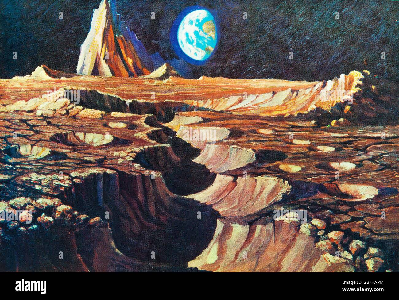 Space exploration, futuristic art  by A.Leonov, from Soviet postcard, 1970s Stock Photo