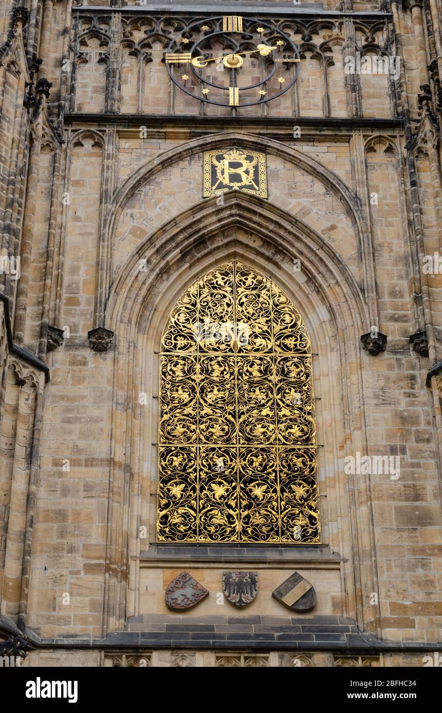 Golden window grill & intricate carvings on the entire massive exterior  architecture of Saint Vitus Cathedral at Prague Castle, Prague, Czech  Republic Stock Photo - Alamy