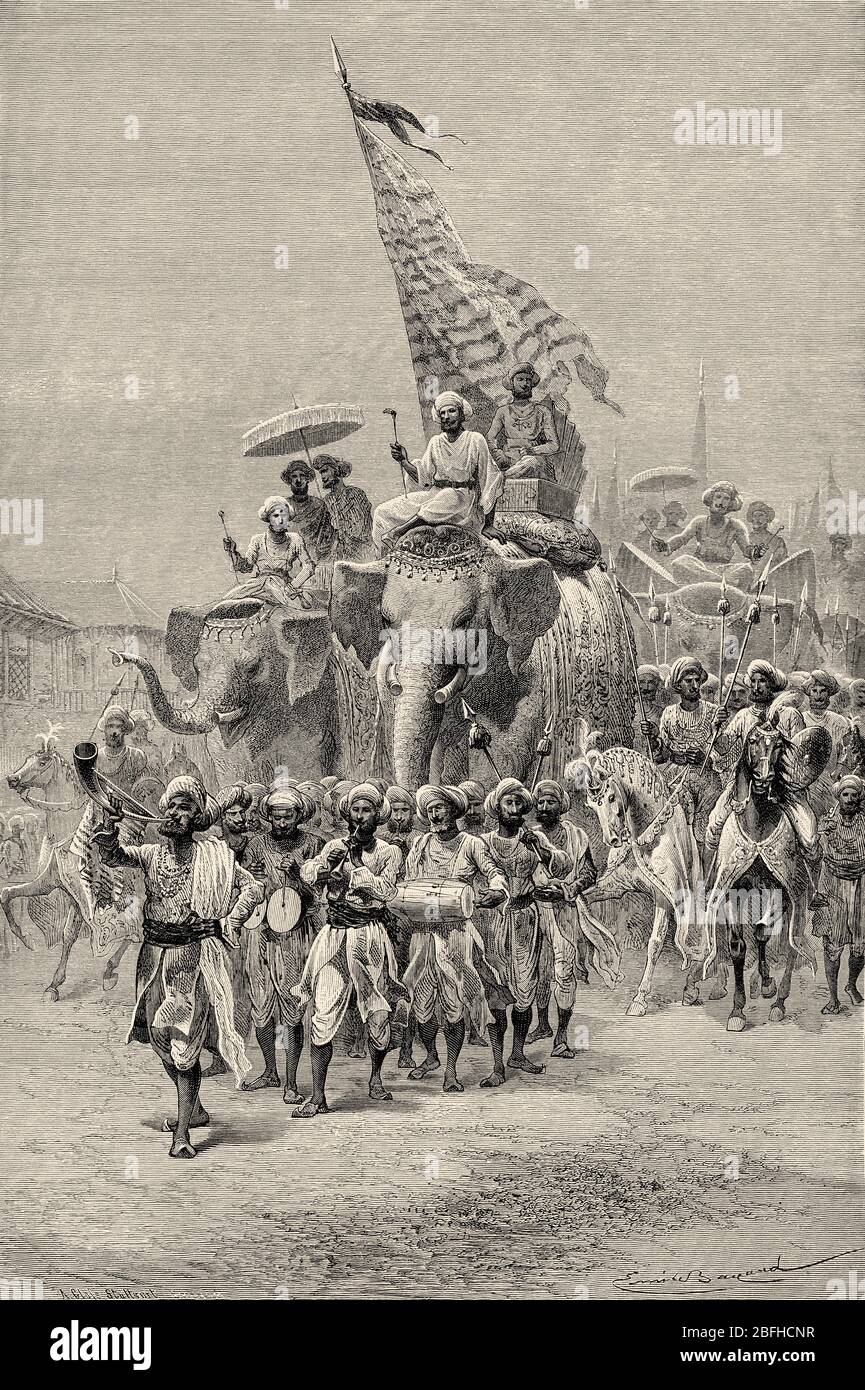 Accompaniment of the royal banner in the great sowari of Vadodara (Baroda). Gujarat, India. Old engraving illustration from El Mundo en la Mano 1878 Stock Photo