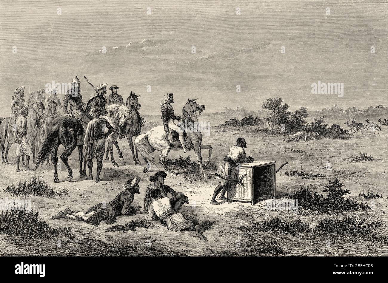 Antelope hunting in Vadodara (Baroda). Gujarat, India. Old engraving illustration from El Mundo en la Mano 1878 Stock Photo