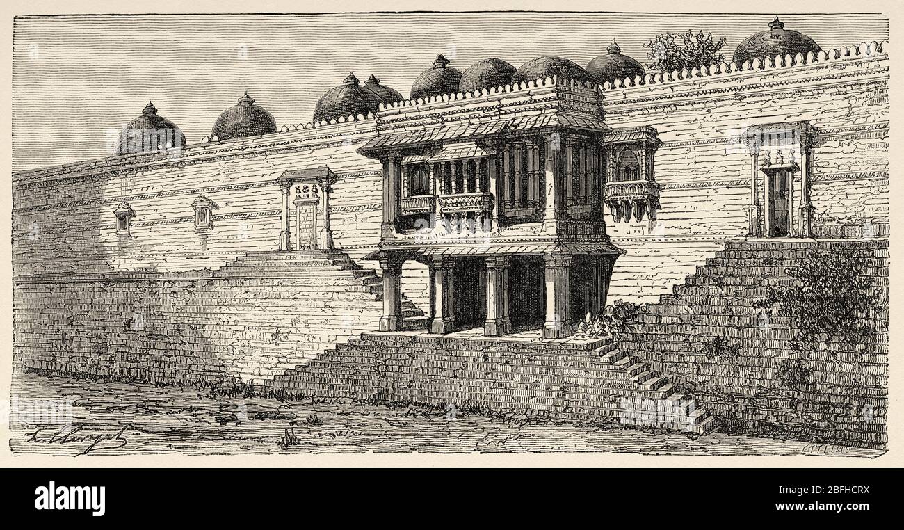 Sarkhej Roza, mosque and tomb complex. Makarba, Ahmedabad, Gujarat, India. Old engraving illustration from El Mundo en la Mano 1878 Stock Photo