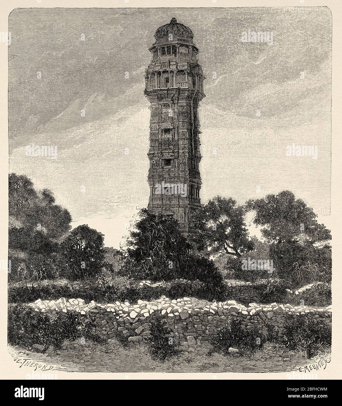 The Jaya Stambha Tower of Victory, Chittorgarh, Chittor, Chittaur, or Chittaurgarh, Rajasthan state, western India. Old engraving illustration from El Stock Photo