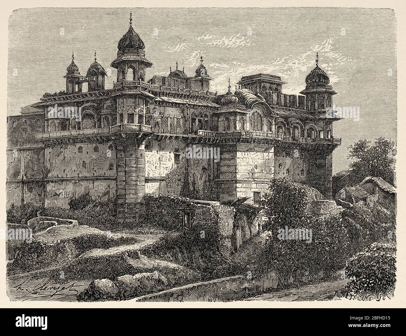 Old Dourjun salt palace at Bhurtpore, India. Old engraving illustration from El Mundo en la Mano 1878 Stock Photo