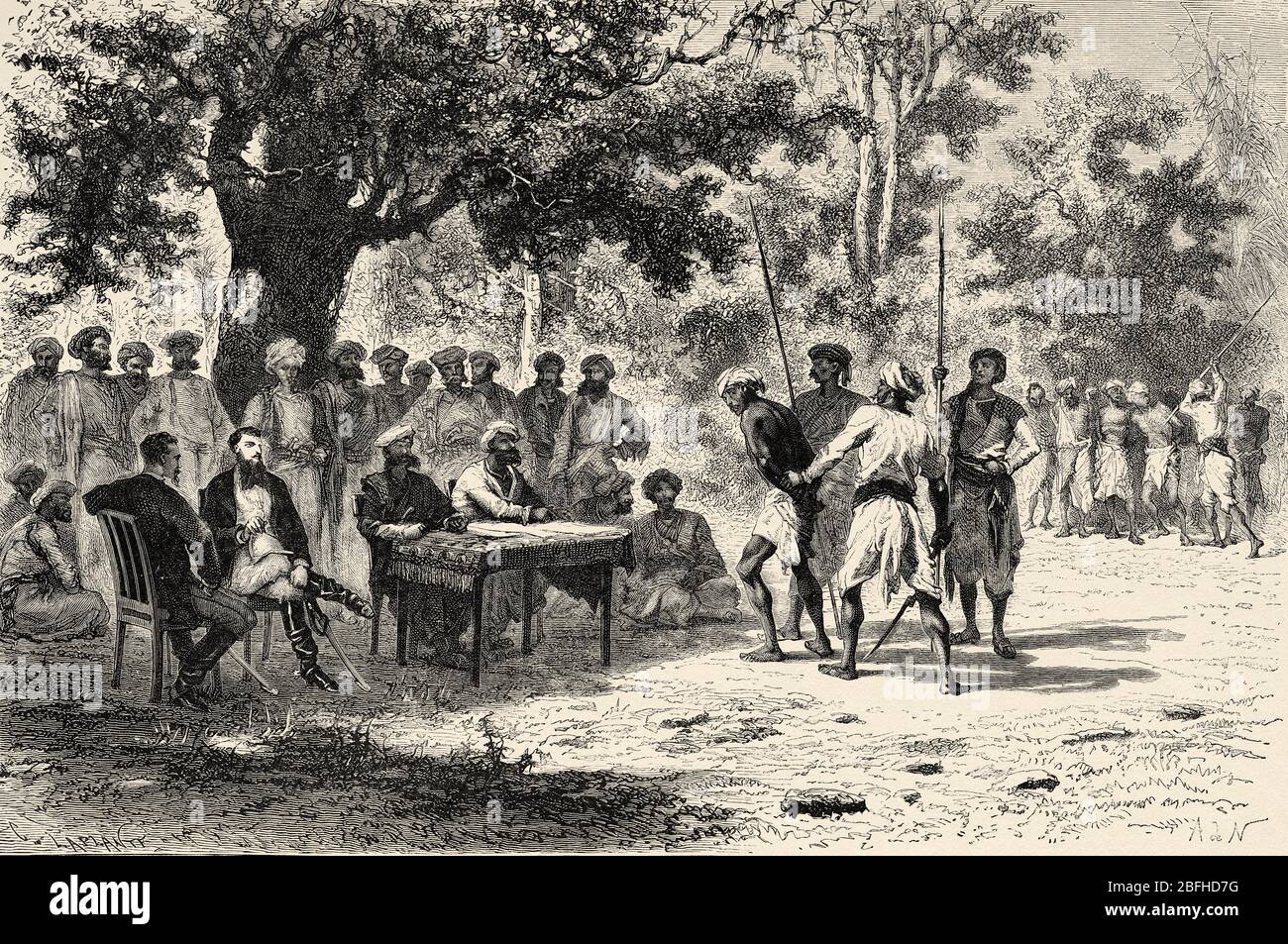 Administration of justice in the forest, India. Old engraving illustration from El Mundo en la Mano 1878 Stock Photo