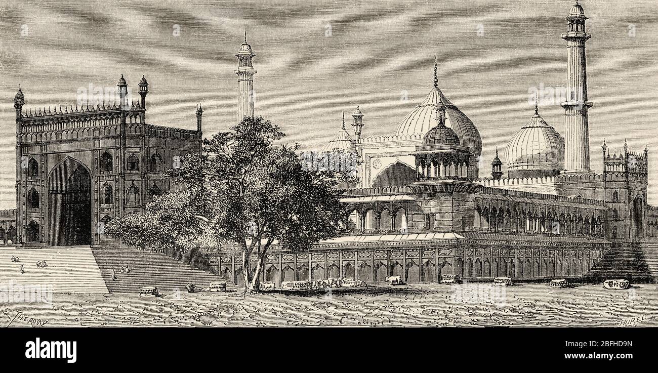 The Friday Mosque or Jama Masjid in Delhi, India. Old engraving illustration from El Mundo en la Mano 1878 Stock Photo