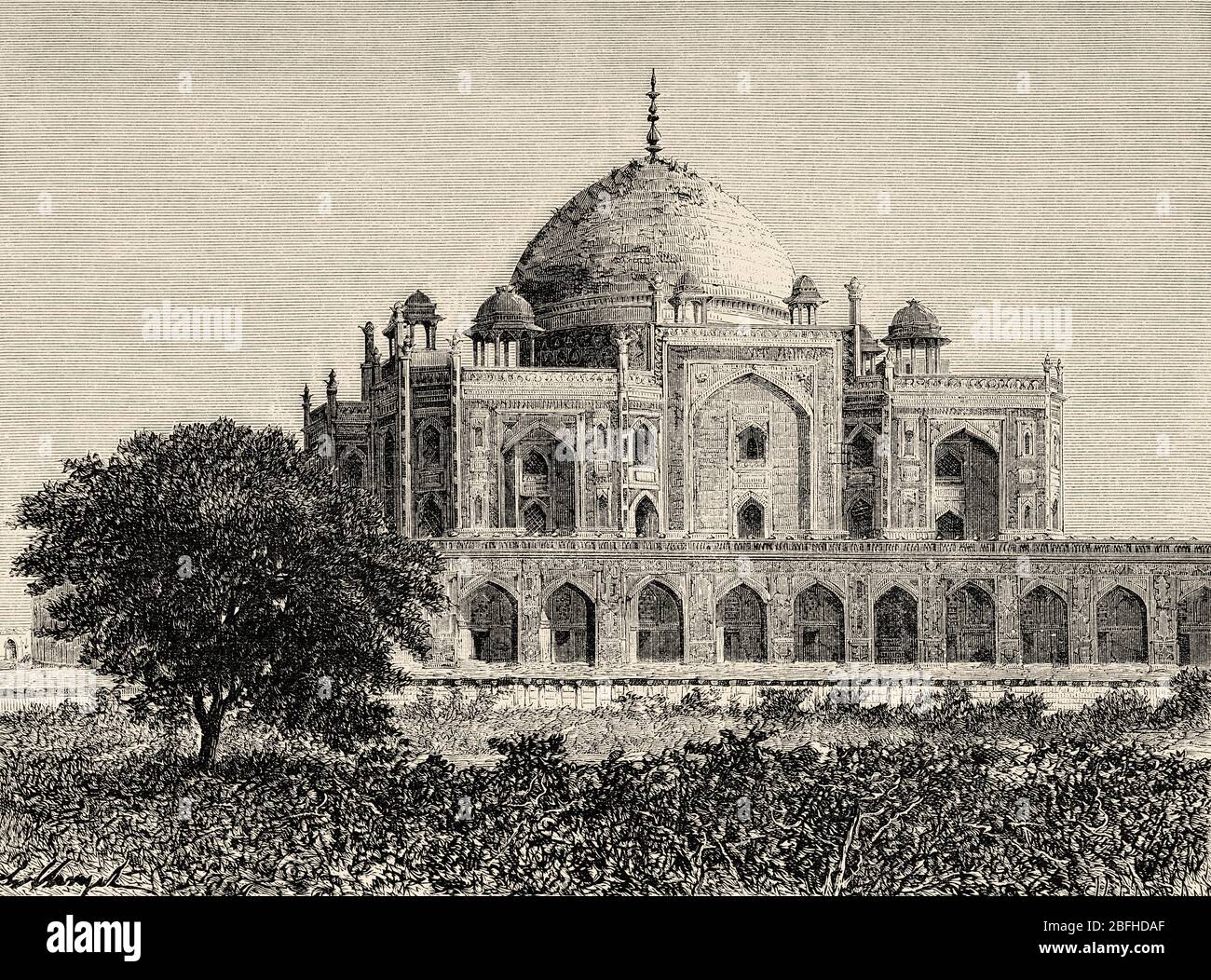 The tomb of Emperor Humayun, a complex of Mughal architecture buildings in the Indian city of Delhi. Unesco World Heritage Site, India. Old engraving Stock Photo