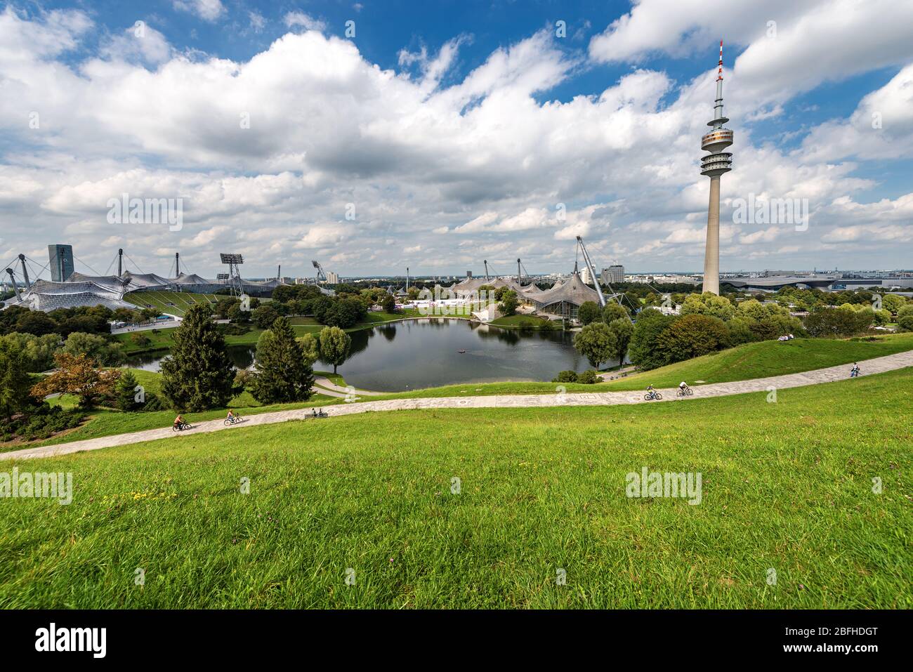 Panoramic view of the Olympic Park in Munich, Germany (Olympiapark) with the Olympic Tower (Olympiaturm). Bavaria, Germany, Europe Stock Photo