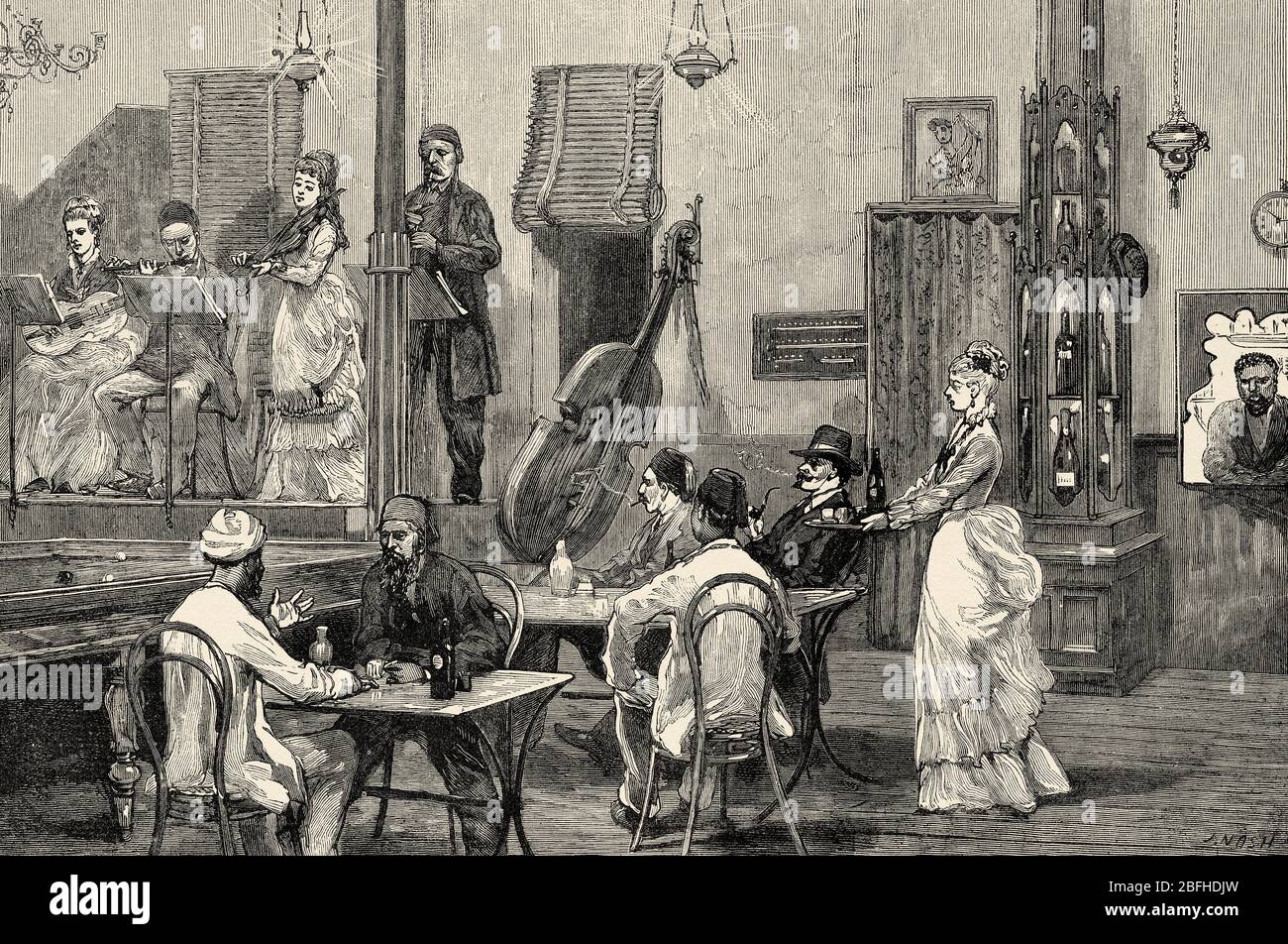 A cafe chantant in Ismailia, Pakistan. Old engraving illustration Prince of Wales Albert Edward tour of India. El Mundo en la Mano 1878 Stock Photo